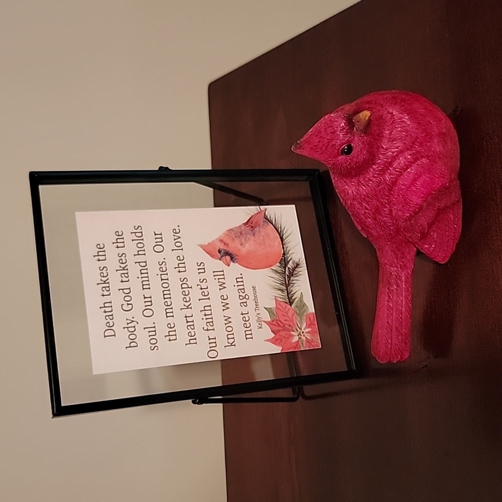 Resin cardinal and framed Kelly's Treehouse Quote